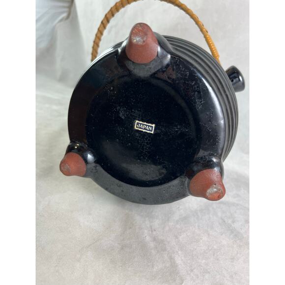 Footed Biscuit Jar Black Glazed Terracotta Fruit Motif Japan Wicker Handle - Picture 9 of 9
